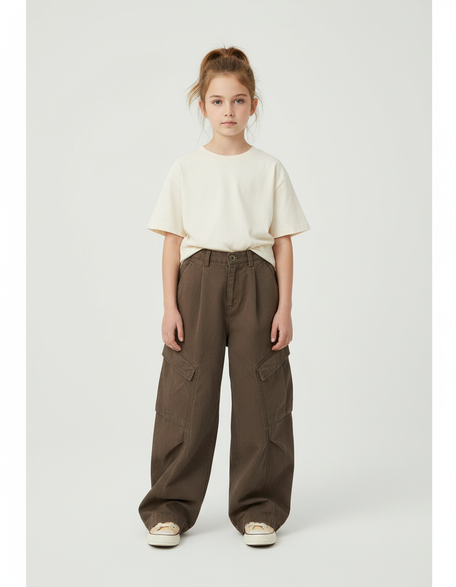 Pantalon Cargo Marron Ample Taille Haute Fille - Toile