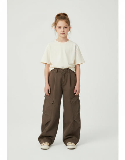 Pantalon Cargo Marron Ample Taille Haute Fille - Toile