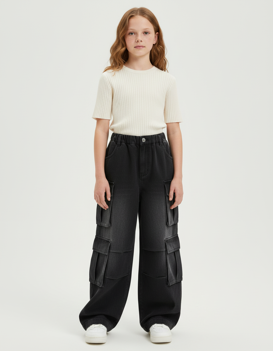 Pantalon Cargo Noir Ample Denim Multipoches - Jean