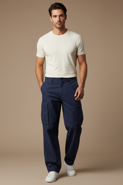 Pantalon Cargo Bleu Marine Ample Décontracté Coton - Toile