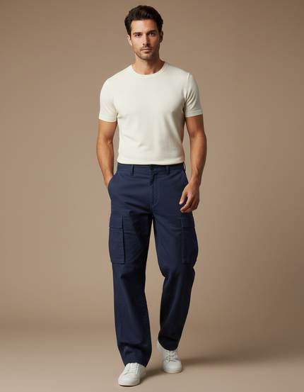 Pantalon Cargo Bleu Marine Ample Décontracté Coton - Toile
