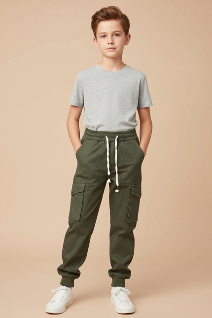 Pantalon Cargo Vert Kaki Coton Multipoches Enfant