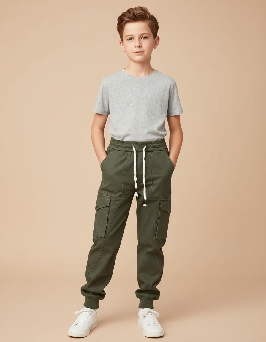 Pantalon Cargo Vert Kaki Coton Multipoches Enfant
