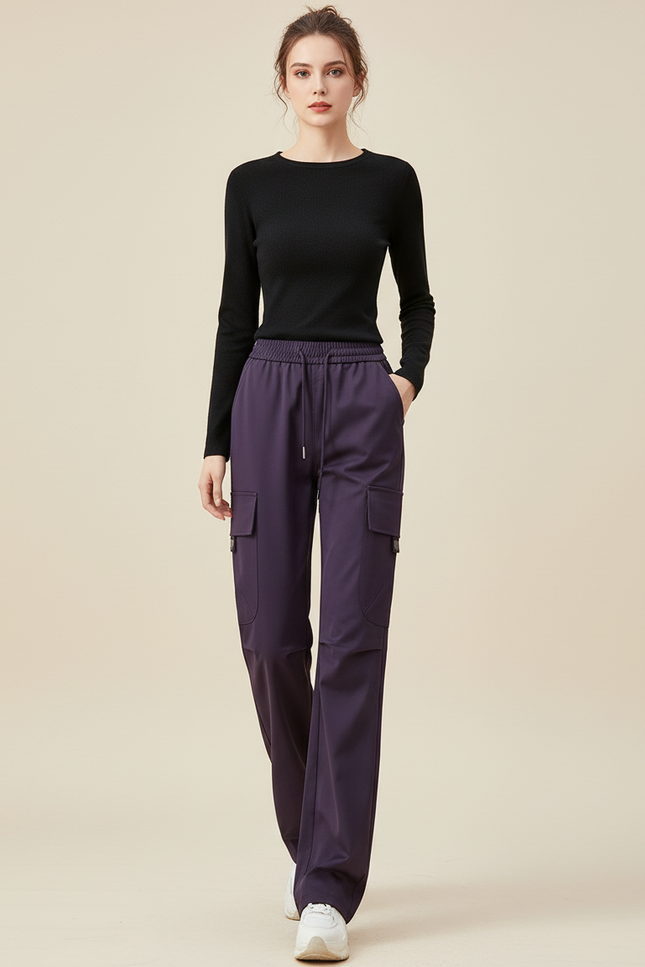Pantalon Cargo Violet Ample Taille Haute Femme - Polyester
