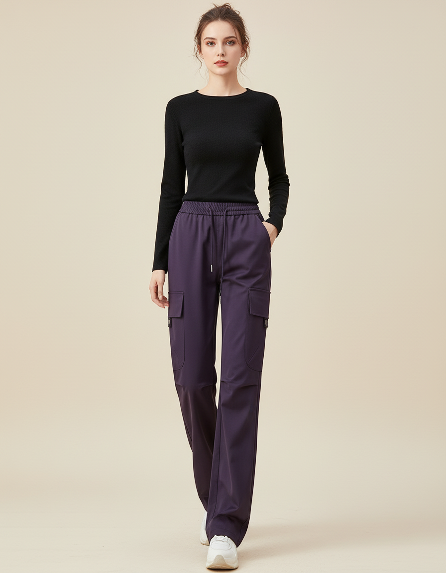 Pantalon Cargo Violet Ample Taille Haute Femme - Polyester