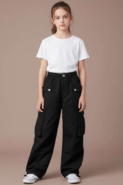 Pantalon Cargo Noir Ample Multipoches Fille Décontracté - Toile