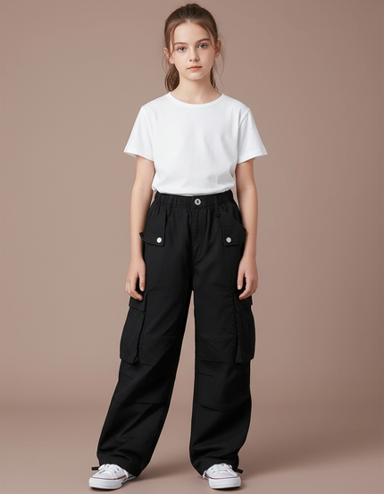 Pantalon Cargo Noir Ample Multipoches Fille Décontracté - Toile