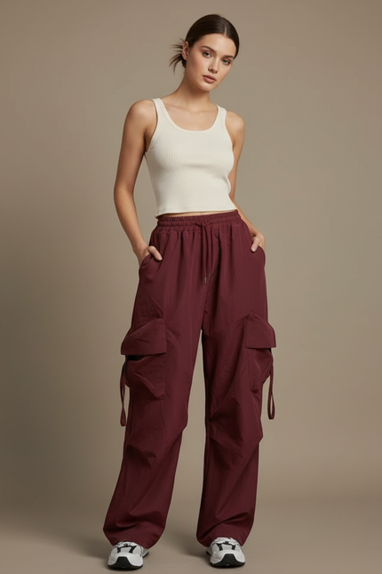 Pantalon Cargo Bordeaux Ample Multi-Poches Femme - Polyester