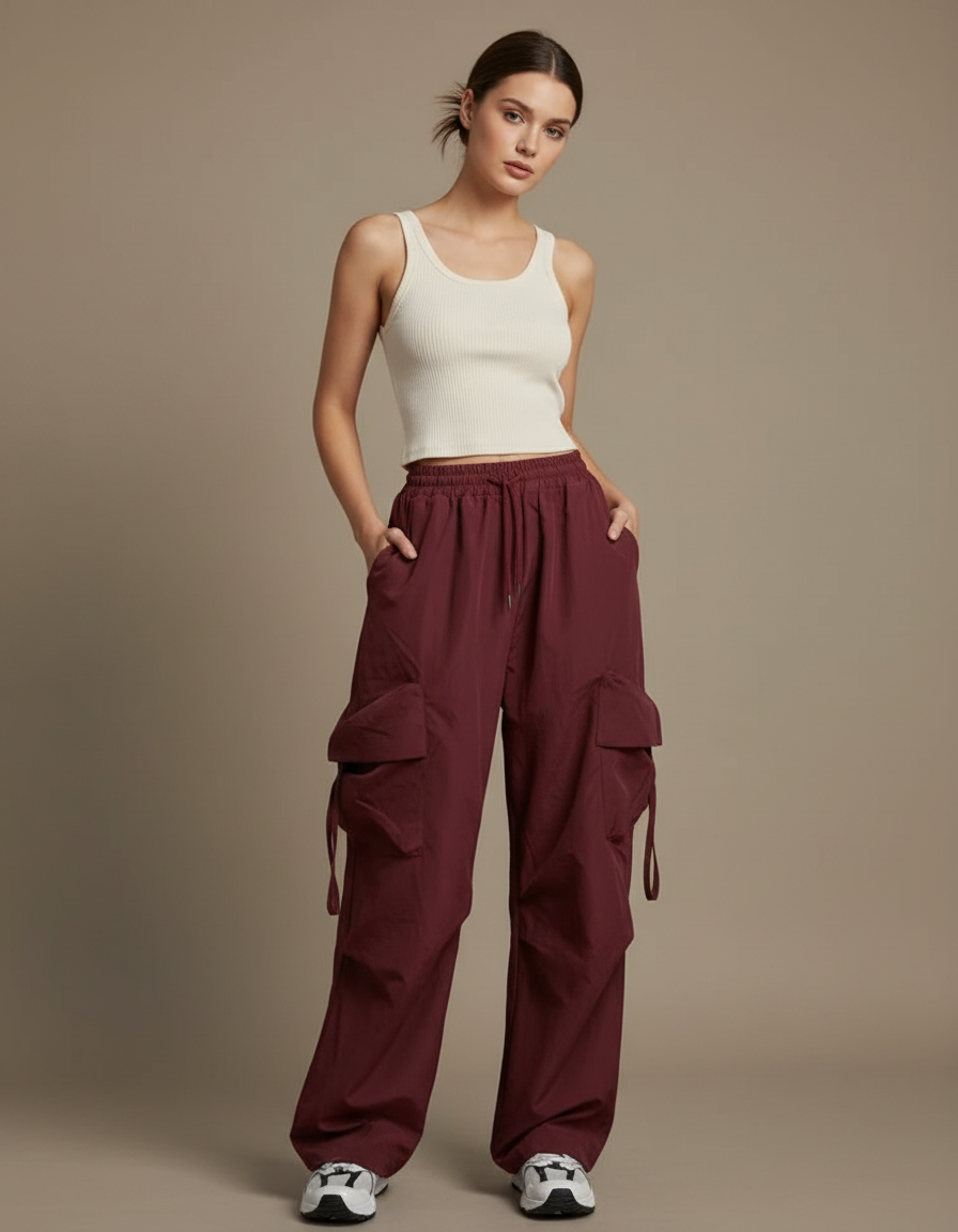 Pantalon Cargo Bordeaux Ample Multi-Poches Femme - Polyester