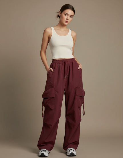 Pantalon Cargo Bordeaux Ample Multi-Poches Femme - Polyester