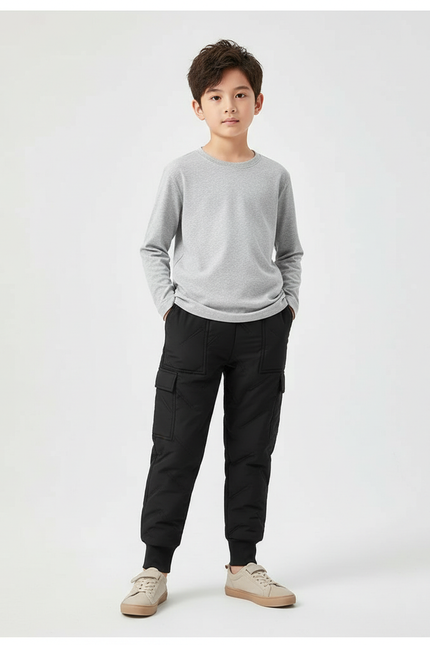 Pantalon Cargo Noir Matelassé Imperméable Enfant - Polyester