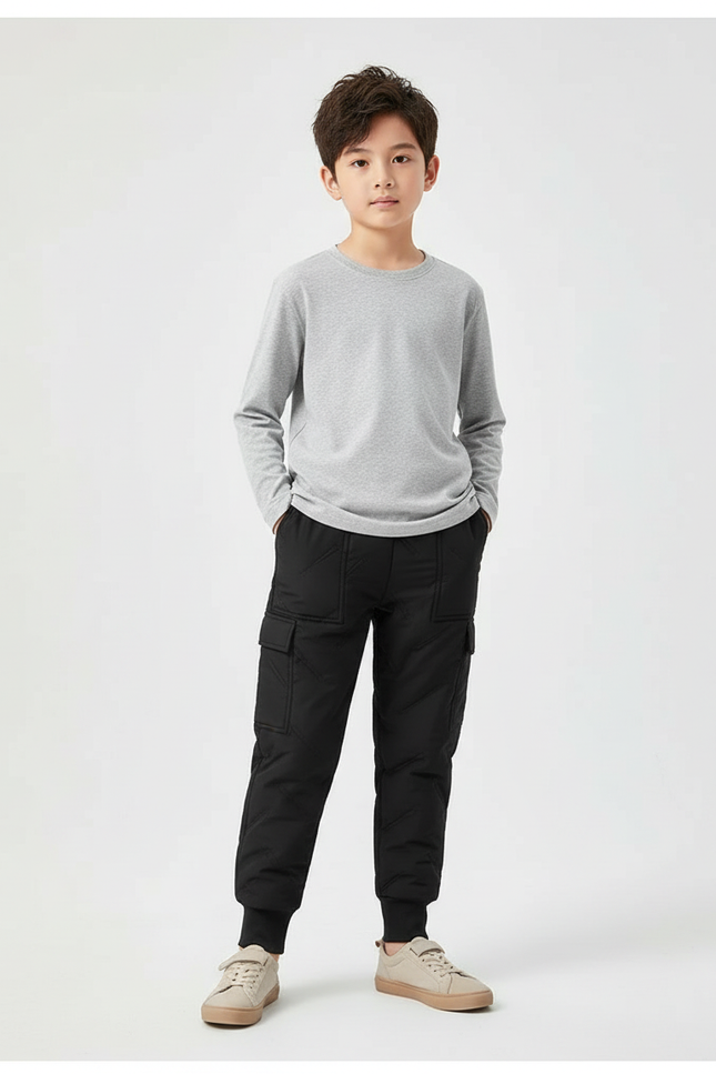 Pantalon Cargo Noir Matelassé Imperméable Enfant - Polyester