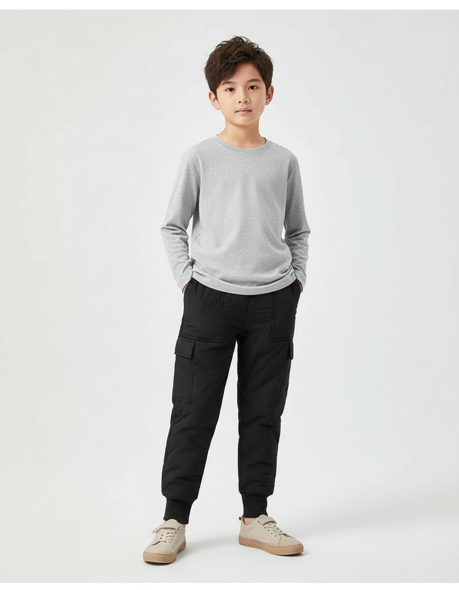 Pantalon Cargo Noir Matelassé Imperméable Enfant - Polyester