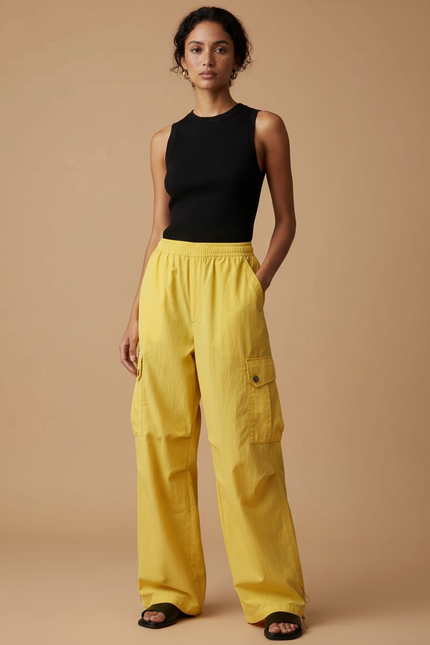 Pantalon Cargo Jaune Ample Taille Haute Femme - Toile