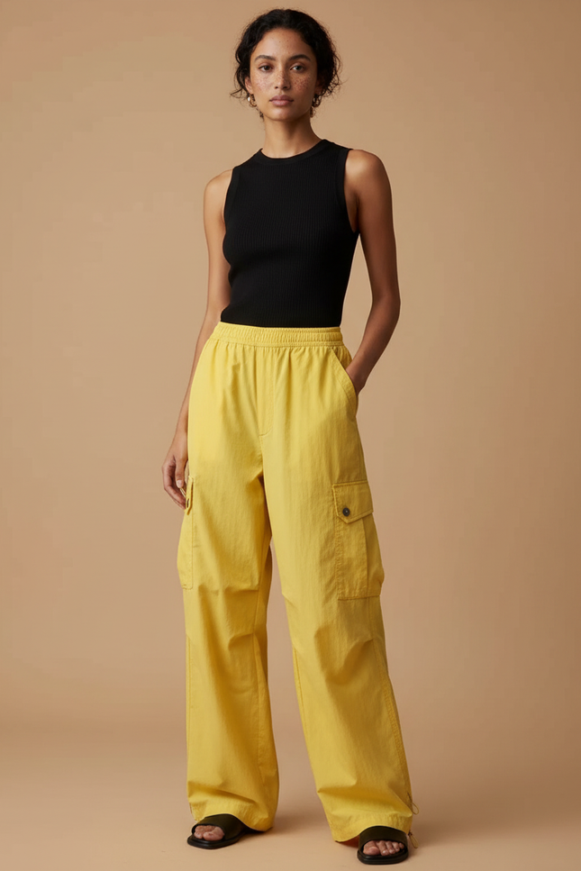 Pantalon Cargo Jaune Ample Taille Haute Femme - Toile