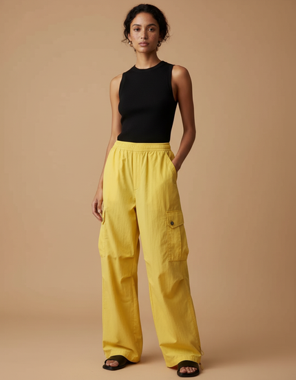 Pantalon Cargo Jaune Ample Taille Haute Femme - Toile