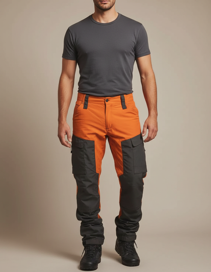 Pantalon Cargo Bicolore Orange Gris Multi-Poches Homme - Multicolore Polyester