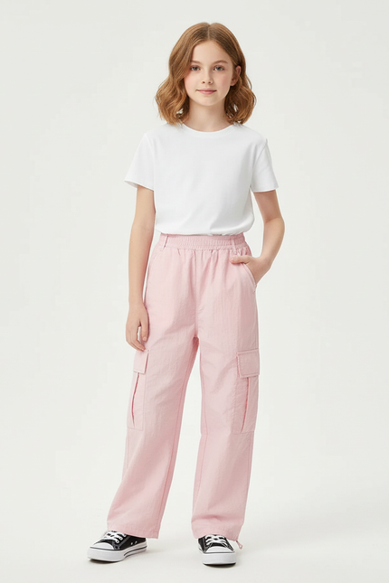 Pantalon Cargo Rose Ample Multipoches Coton Fille - Polyester