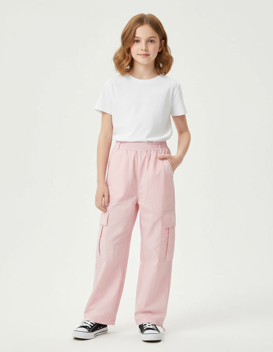 Pantalon Cargo Rose Ample Multipoches Coton Fille - Polyester