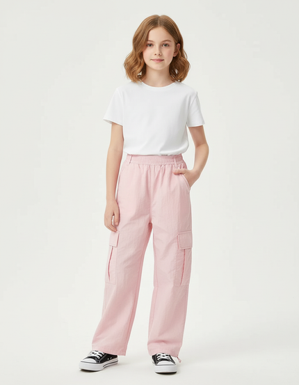 Pantalon Cargo Rose Ample Multipoches Coton Fille - Polyester