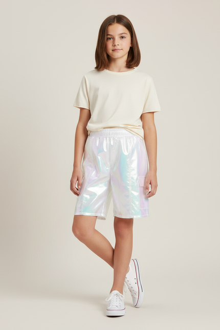 Pantalon Cargo Holographique Brillant Fluide Fille - Multicolore Polyester
