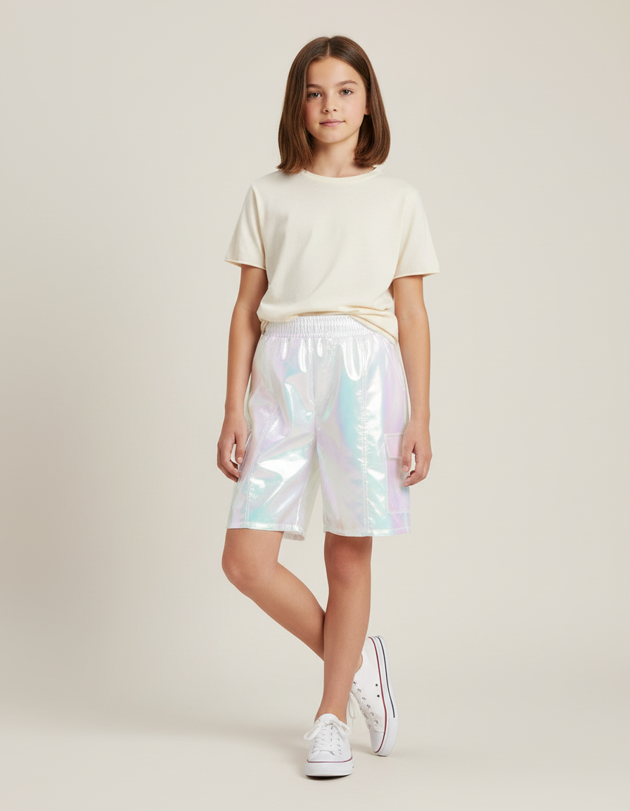 Pantalon Cargo Holographique Brillant Fluide Fille - Multicolore Polyester
