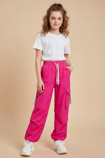 Pantalon Cargo Fuchsia Ample Décontracté Multipoches Fille - Rose Polyester
