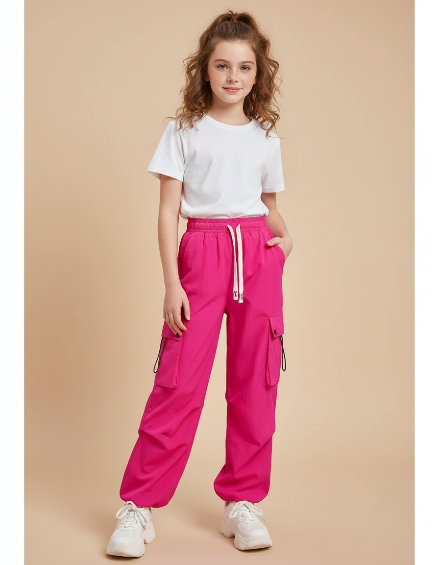 Pantalon Cargo Fuchsia Ample Décontracté Multipoches Fille - Rose Polyester