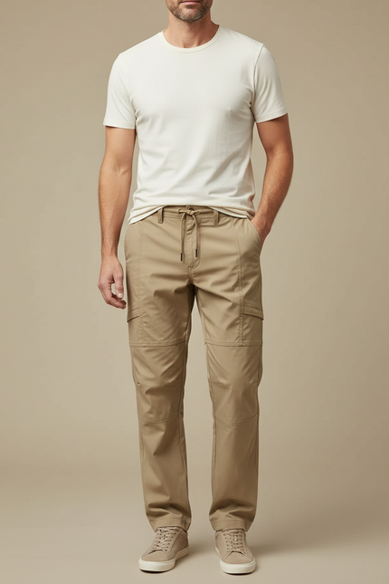 Pantalon Cargo Beige Coton Coupe Droite Décontracté - Toile