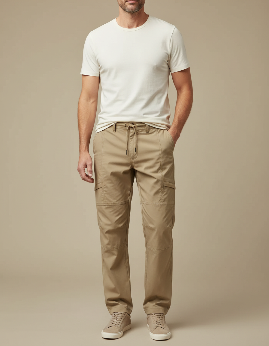 Pantalon Cargo Beige Coton Coupe Droite Décontracté - Toile