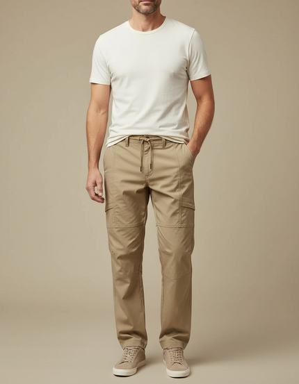 Pantalon Cargo Beige Coton Coupe Droite Décontracté - Toile