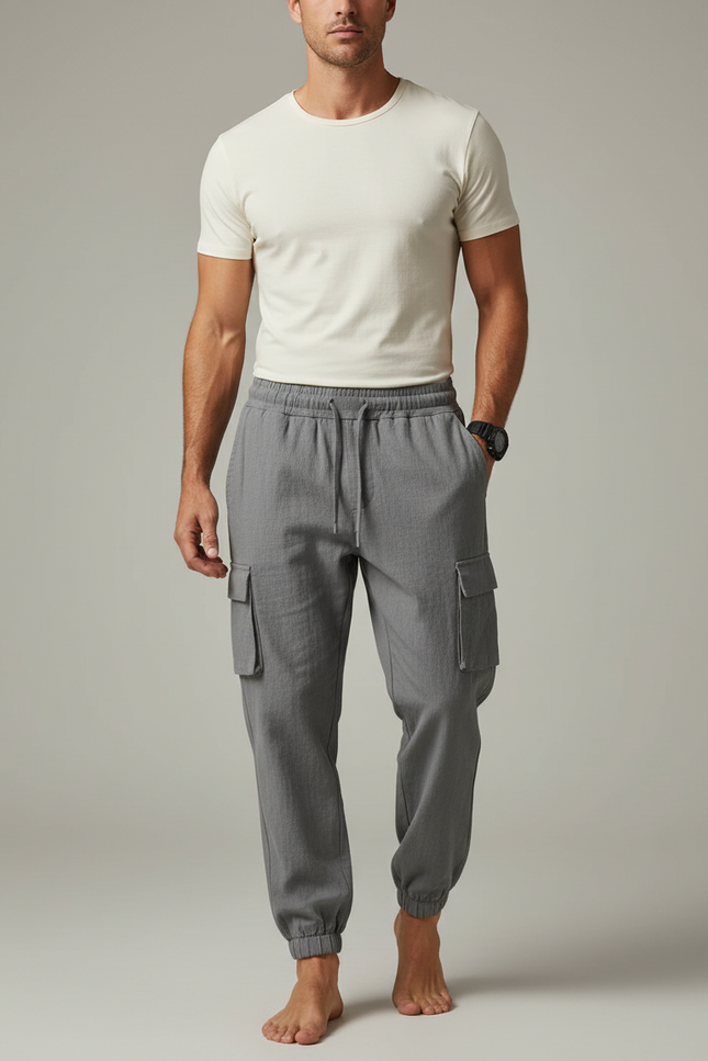 Pantalon Cargo Gris Coton Décontracté Multipoches Homme - Lin