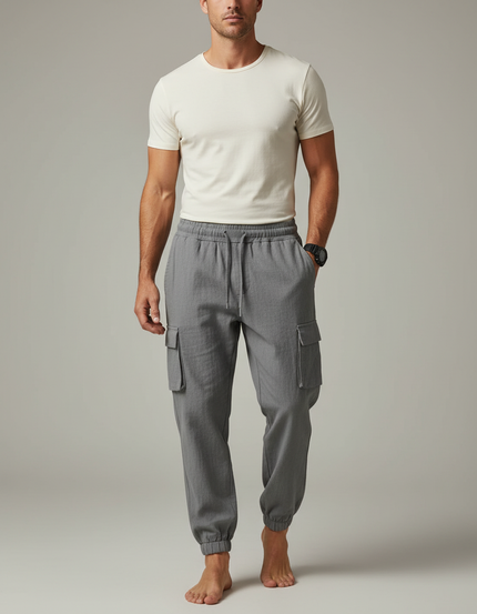 Pantalon Cargo Gris Coton Décontracté Multipoches Homme - Lin