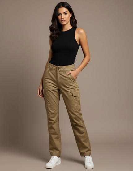 Pantalon Cargo Kaki Ample Multipoches Décontracté - Toile