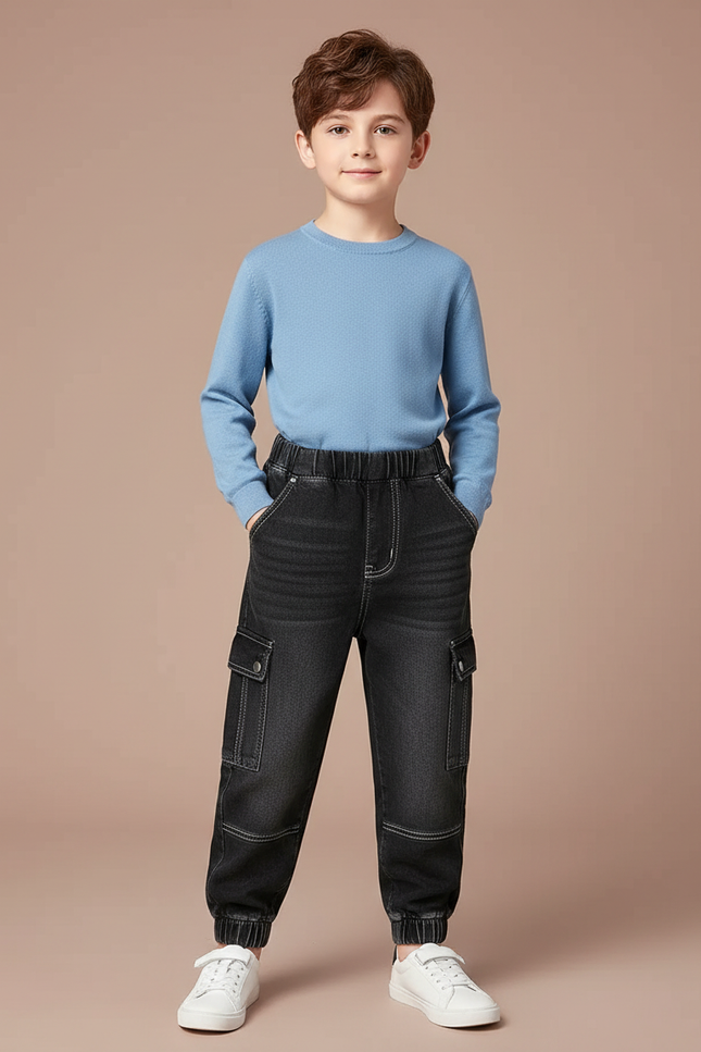Pantalon Cargo Noir Denim Multipoches Élastiqué Garçon - Jean