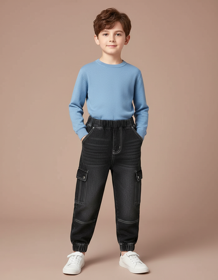Pantalon Cargo Noir Denim Multipoches Élastiqué Garçon - Jean