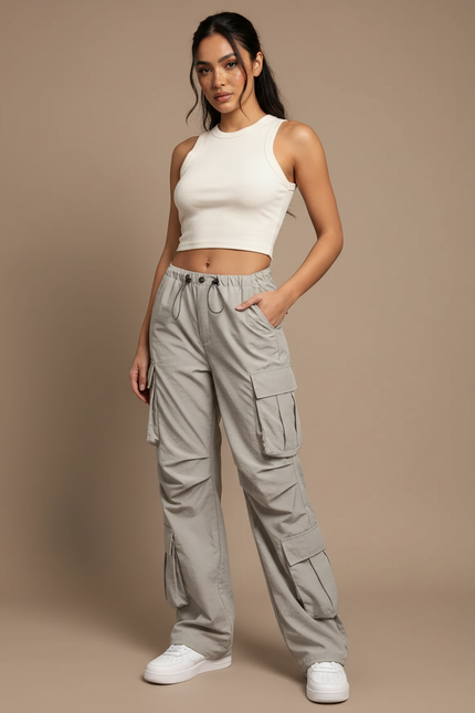 Pantalon Cargo Gris Ample Fluide Poches Femme - Polyester
