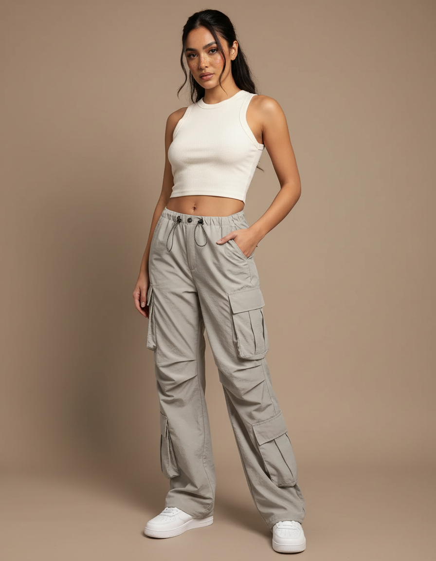 Pantalon Cargo Gris Ample Fluide Poches Femme - Polyester