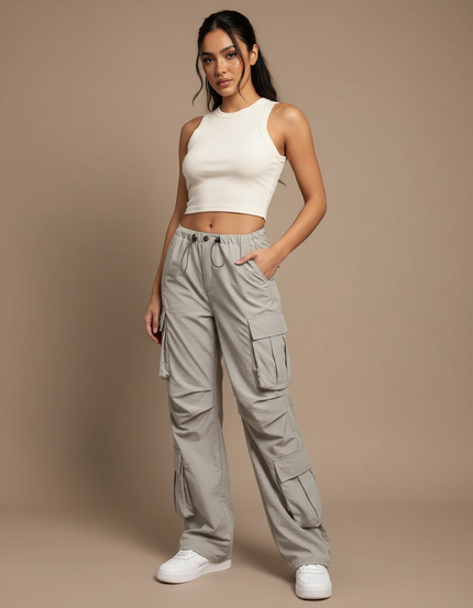 Pantalon Cargo Gris Ample Fluide Poches Femme - Polyester