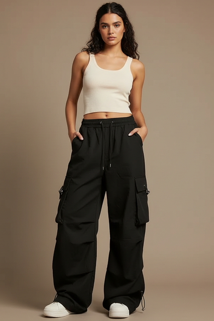 Pantalon Cargo Noir Ample Fluide Multipoches Femme - Polyester