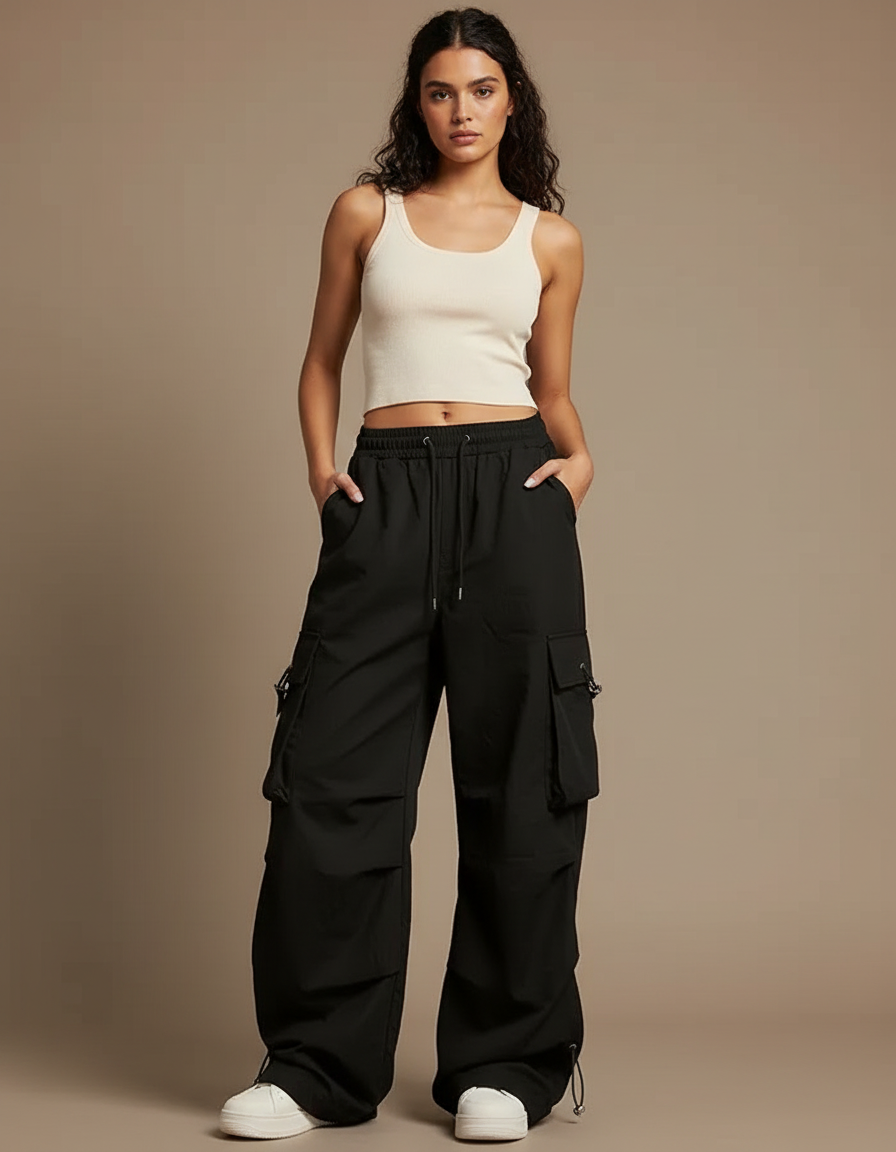 Pantalon Cargo Noir Ample Fluide Multipoches Femme - Polyester