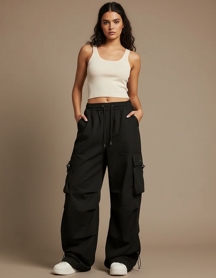 Pantalon Cargo Noir Ample Fluide Multipoches Femme - Polyester