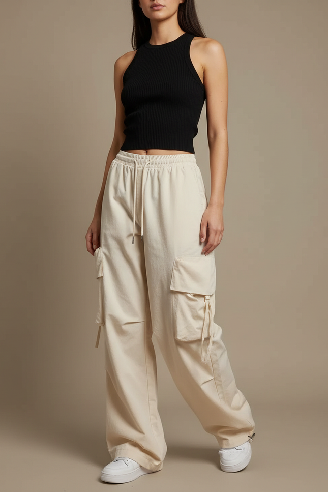 Pantalon Cargo Beige Ample Taille Haute Poches - Toile