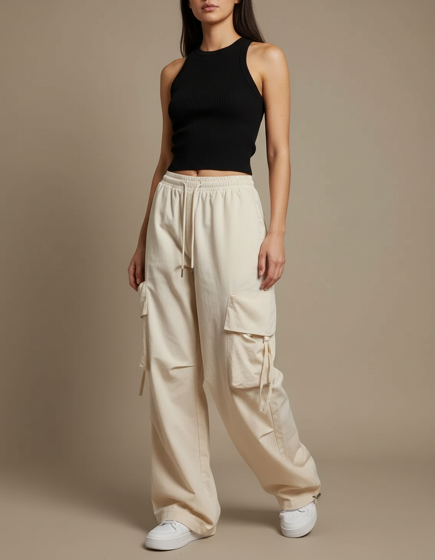 Pantalon Cargo Beige Ample Taille Haute Poches - Toile