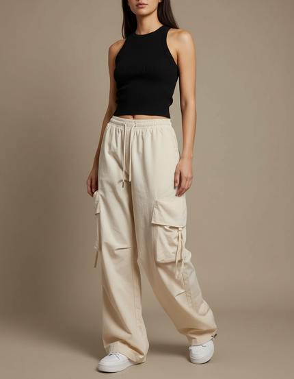 Pantalon Cargo Beige Ample Taille Haute Poches - Toile