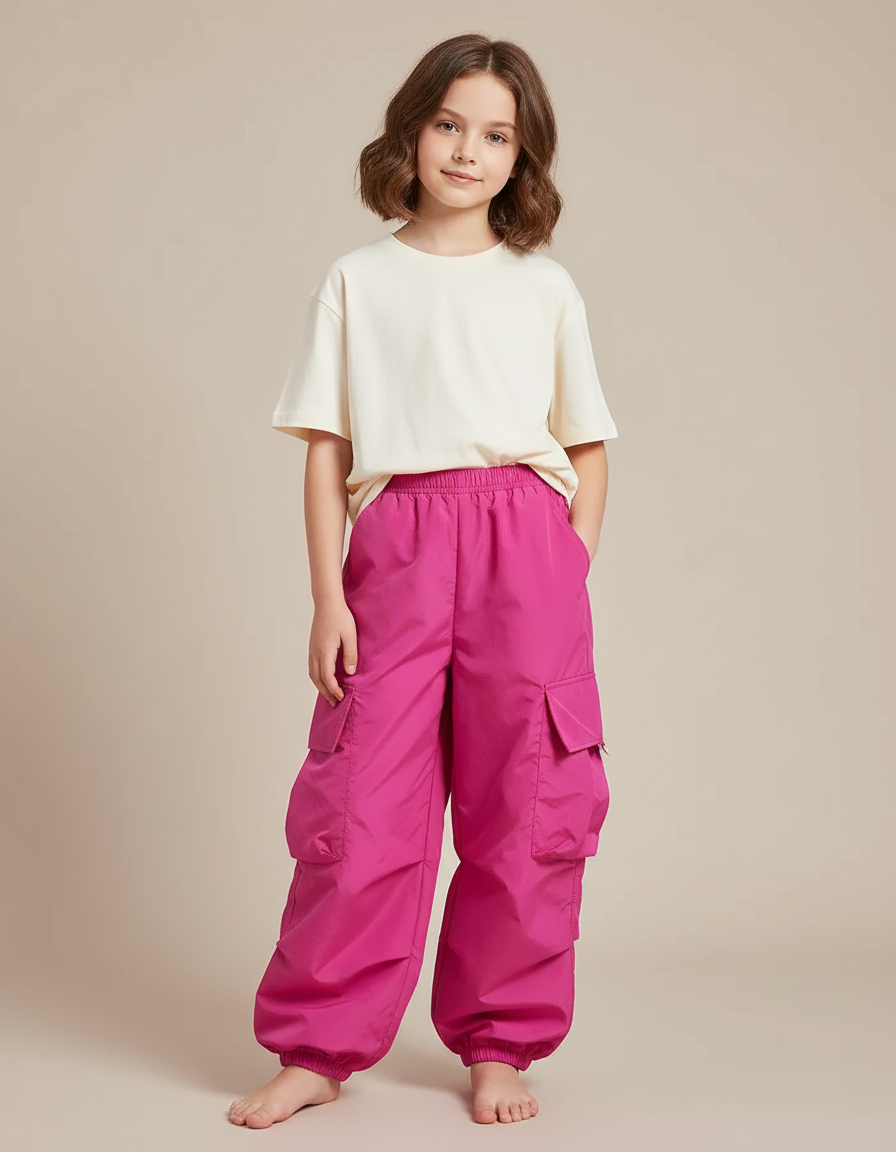 Pantalon Cargo Fuchsia Ample Multipoches Enfants - Rose Polyester