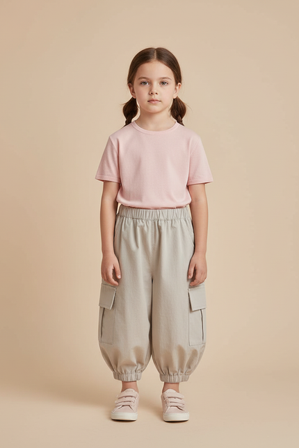 Pantalon Cargo Enfant Ample Beige Poches Latérales - Coton