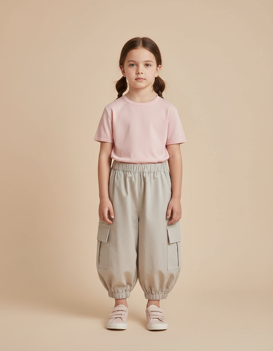 Pantalon Cargo Enfant Ample Beige Poches Latérales - Coton