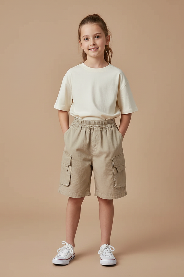 Pantalon Cargo Beige Ample Coton Décontracté Enfant - Toile