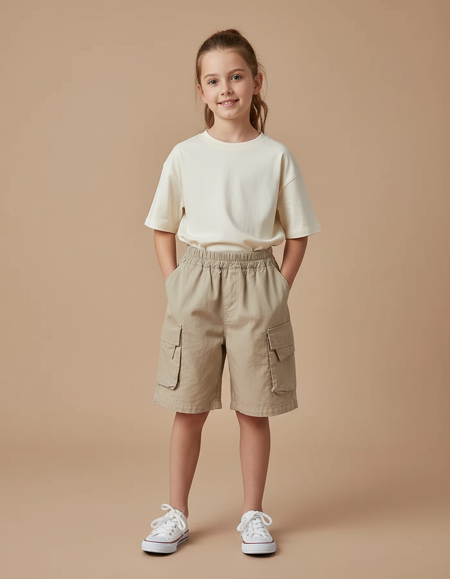 Pantalon Cargo Beige Ample Coton Décontracté Enfant - Toile